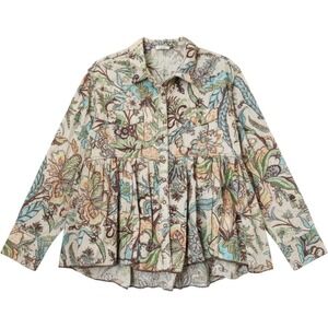 Ivu Jane Babydoll Top L Green Floral Long Sleeve Snap Cuff Boho Cottagecore